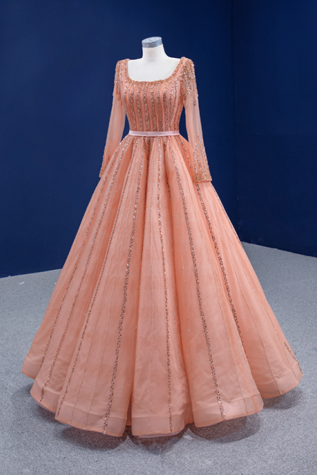 Prom Dresses,princess Orange Long Sleeve Evening Dress, Tulle Sequin Party Dress
