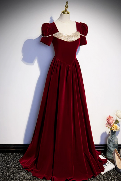 Prom Dresses,burgundy Velvet Puff Sleeve French Evening Gowns, Celebrity Party Dresses, Adult Gowns, Party Dresses
