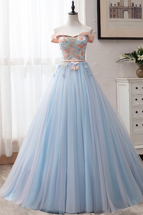 Prom Dresses,blue Tulle Embroidery Lace Strapless Long Off Shoulder Prom Dress