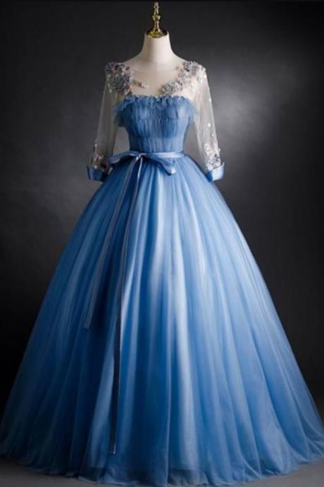 Prom Dresses,blue Tulle Long Sleeves Formal Dress With Flower Lace Applique