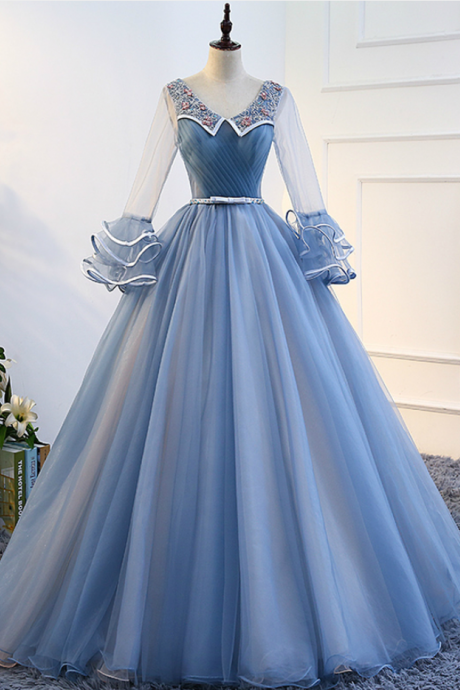 Prom Dresses,long Sleeve Party Dresses,blue Embroidered Dresses,celebrity Prom Dresses,party Dresses,bar Mitzvah Dresses