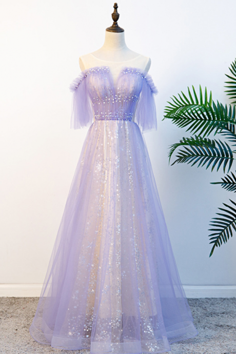 Prom Dresses, Evening Dress, Starry Purple Party Gown, Graduation Gown, Sequined Lace Bridesmaid Dress, Hosting Gown