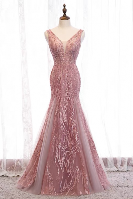 Prom Dresses,pink Evening Dress, , V-neck, Long Mermaid Party Dress