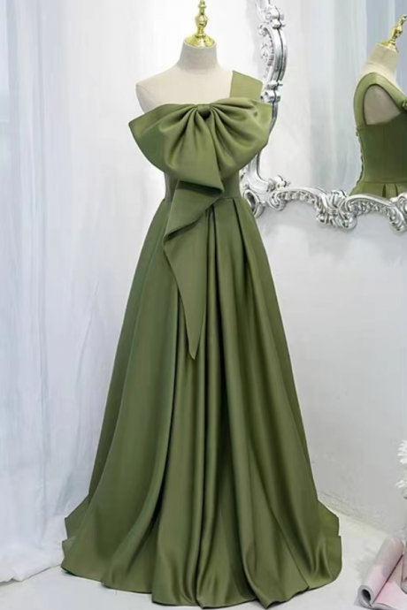 Prom Dresses,one Shoulder Evening Dress, Green Bowknot Prom Dress, Temperament Elegant Senior Sense Dress