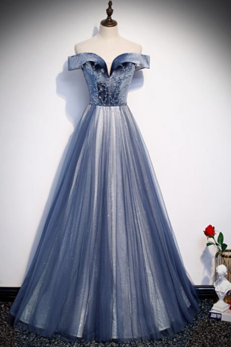Prom Dresses,blue Evening Dress, Style, Temperament Off Shoulder Prom Dress, Long Fairy Dream Student Dress