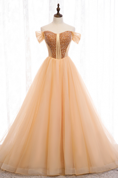 Prom Dresses, Off Shoulder Evening Dress ,champagne Prom Dress,fairy Party Dress,luxury Wedding Dress