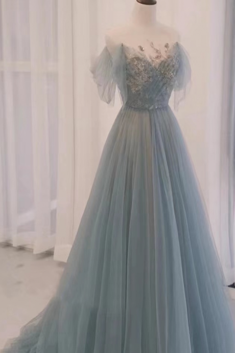 Prom Dresses, Gray Blue Party Dress, Light Luxury Prom Dress, Elegant Temperament Dream Evening Dress