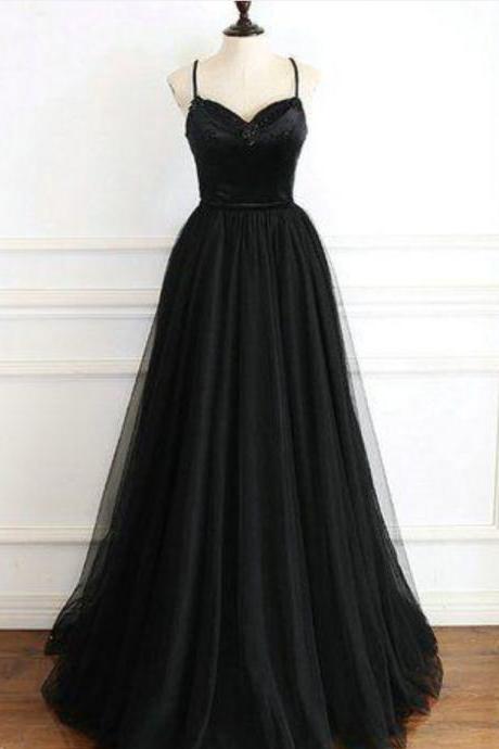 Prom Dresses, Black Tulle A Line Long Evening Dress