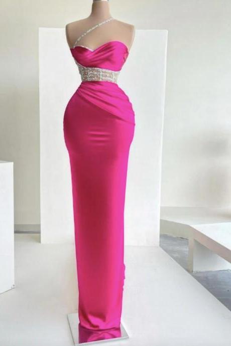 Prom Dresses, Deep Pink Evening Dresses Mermaid Beadings One Shoulder Pleats Satin Formal Prom Dress