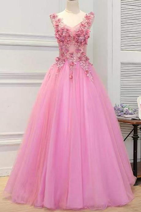 Prom Dresses,v-neck Evening Dress, Pink Prom Dress, Fairy Birthday Dress, Applique Party Dress
