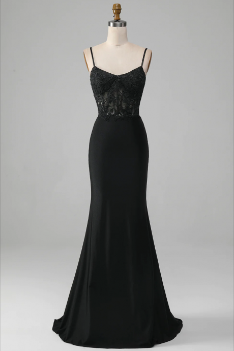 Prom Dresses, Black Mermaid Spaghetti Straps Corset Prom Dress With Appliques