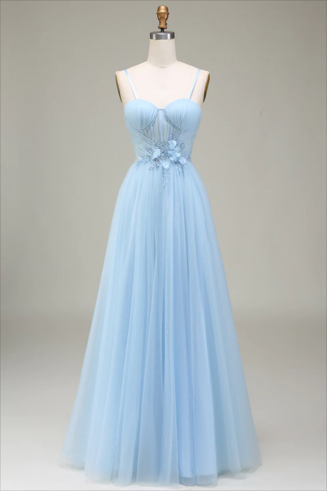 Prom Dresses, Sparkly Light Blue A-line Tulle Prom Dress With Appliques