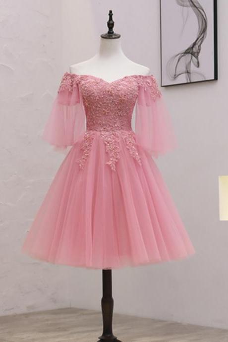 Homecoming Dresses, Pink Tulle Lace Short Prom Dress