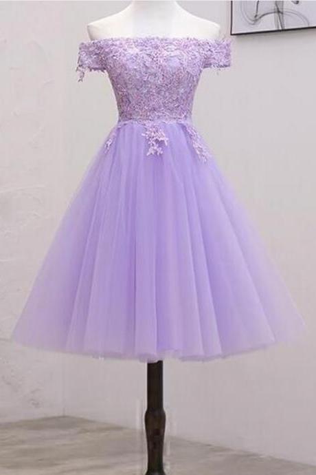 Homecoming Dresses,off Shoulder Purple Tulle Lace Short Homecoming Dress A Line Short Cocktail Party Gowns