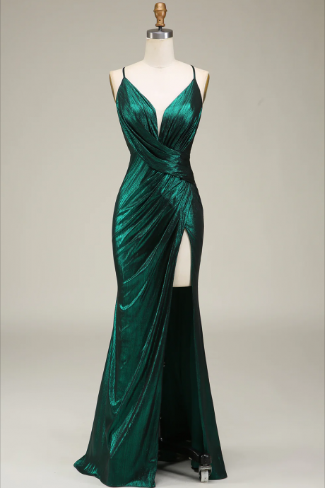 Prom Dresses, Mermaid Spaghetti Straps Dark Green Long Prom Dress With Open Back