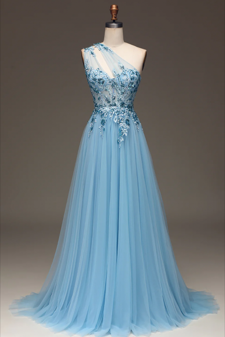 Prom Dresses, Light Blue A-line One Shoulder Sequin Prom Dress With Appliques
