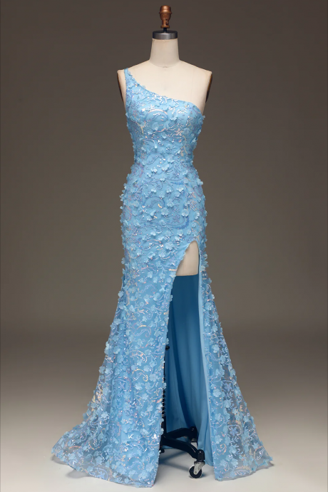 Prom Dresses, Light Blue Mermaid One Shoulder Side Slit Sequin Prom Dress With Appliques