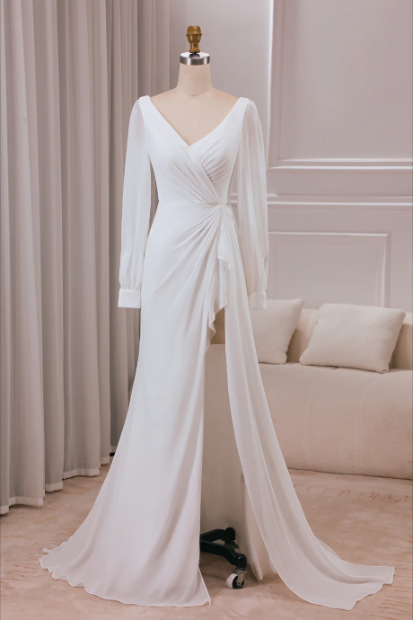 Prom Dresses, Ivory V-neck Long Sleeves A-line Chiffon Bridal Dress