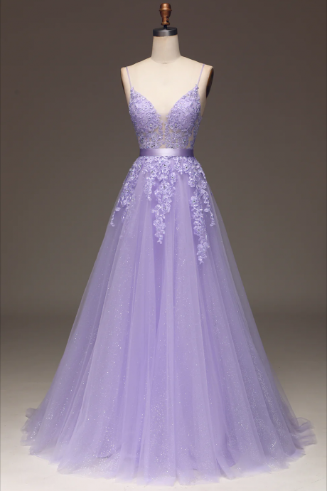 Prom Dresses, Purple A-line Spaghetti Straps Long Beaded And Tulle Prom Dress With Appliques