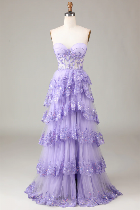 Prom Dresses, Lavender Strapless Tiered Tulle Corset Prom Dress With Appliques