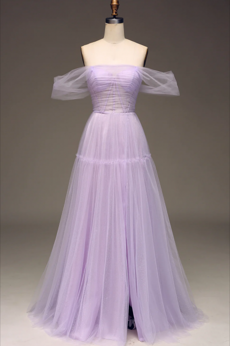 Prom Dresses, Lilac Off The Shoulder A Line Tulle Princess Prom Dress With Slit