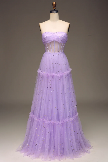 Prom Dresses, Tulle Strapless Purple Corset Prom Dress