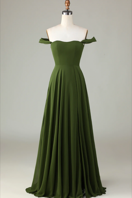 Prom Dresses, A-line Off The Shoulder Olive Bridesmaid Dress With Slit