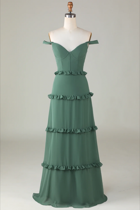 Prom Dresses, Eucalyptus Off The Shoulder Corset Long Bridesmaid Dress
