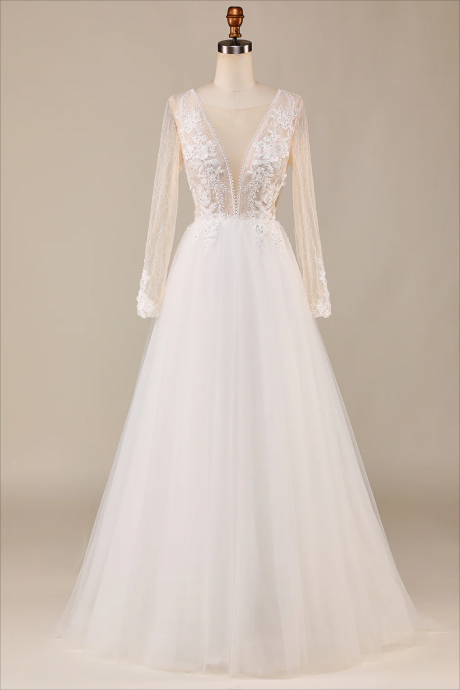 Prom Dresses, A Line Deep V-neck Ivory Tulle Sweep Train Wedding Dress With Lace
