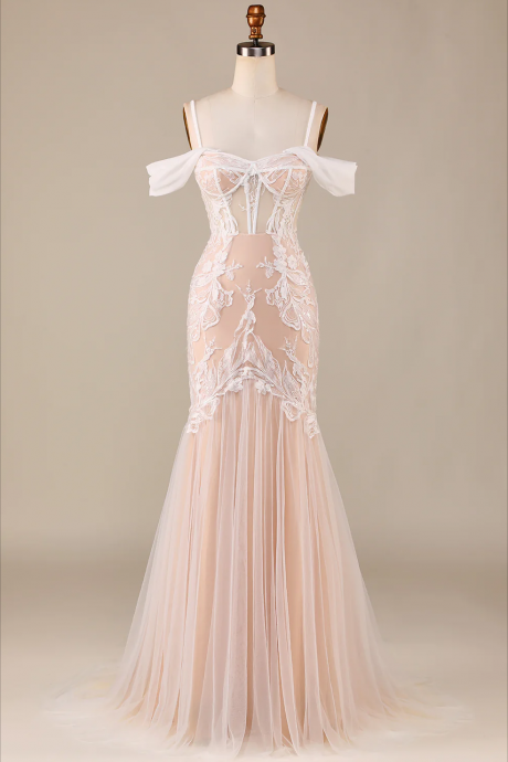 Prom Dresses, Champagne Mermaid Long Wedding Dress With Lace