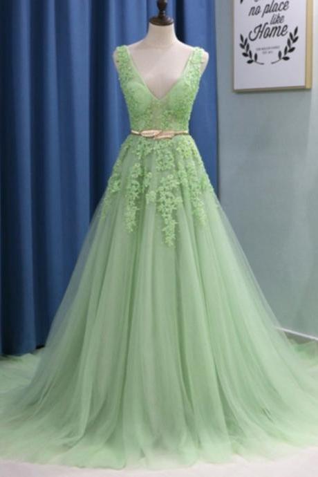 Prom Dresses,sexy V-neck Mint Green Tulle Lace Appliqued Long Prom Dress Floor Length Prom Party Gowns