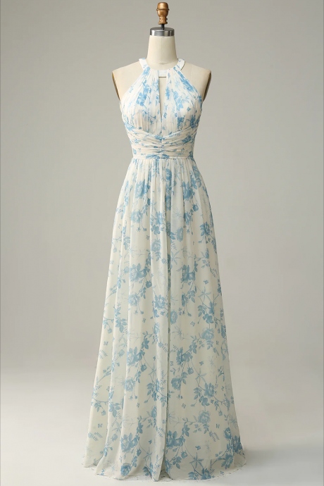 Prom Dresses, Blue Floral Boho Long Chiffon Bridesmaid Dress