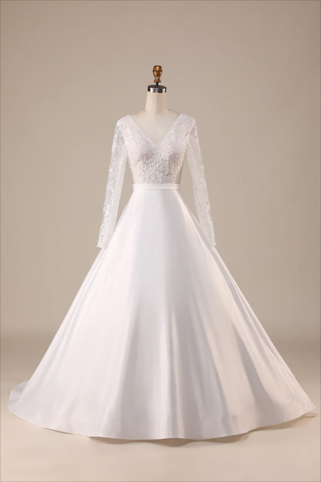 Prom Dresses, Ivory Satin Sweep Train Long Sleeves Wedding Dress