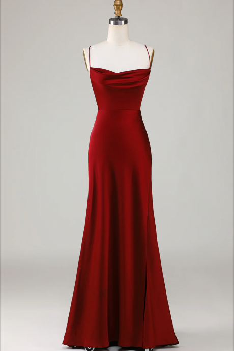 Prom Dresses, Lace-up Back Burgundy Long Bridesmaid Dress With Slit