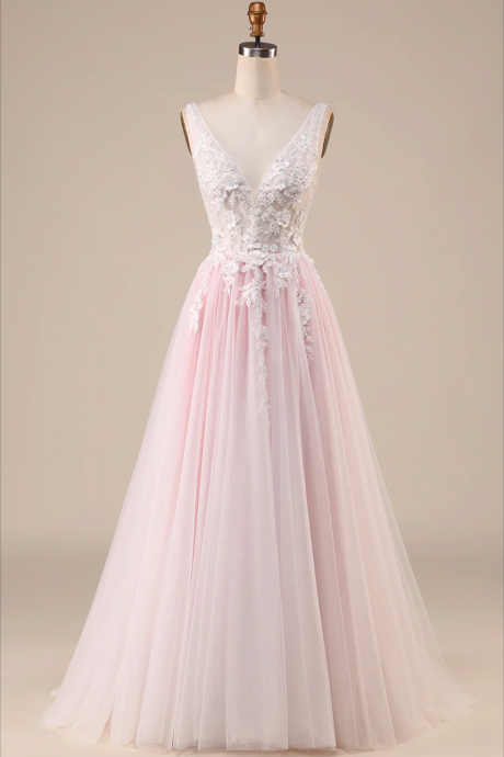 Prom Dresses, Pink A-line Tulle Sweep Train Wedding Dress With Appliques
