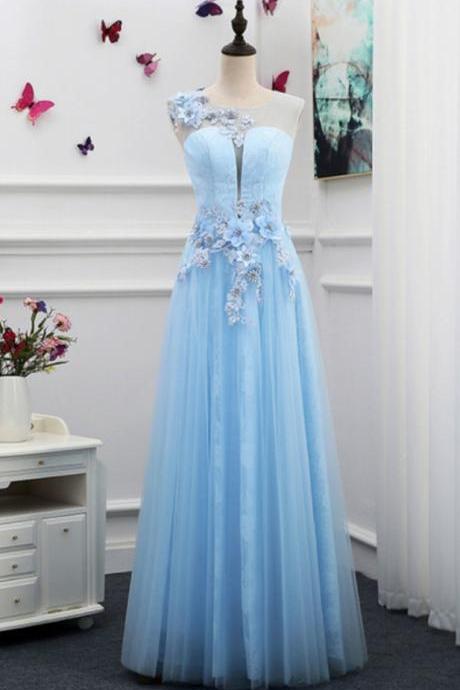 Prom Dresses,blue Tulle Prom Dress, Floor Length Elegant Long Evening Dress With Handmade Flower