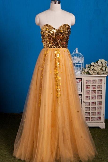Prom Dresses, Gold Strapless Sequined Ball Gowns, Luxurious And Aristocratic Evening Gowns