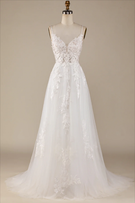 Prom Dresses, Ivory A-line Tulle Criss-cross Straps Back Wedding Dress