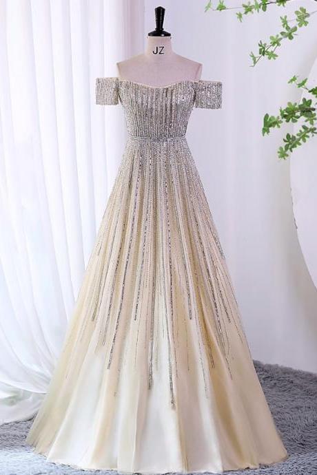 Prom Dresses,luxury Noble Champagne Evening Gowns Sexy Strapless Party Dresses