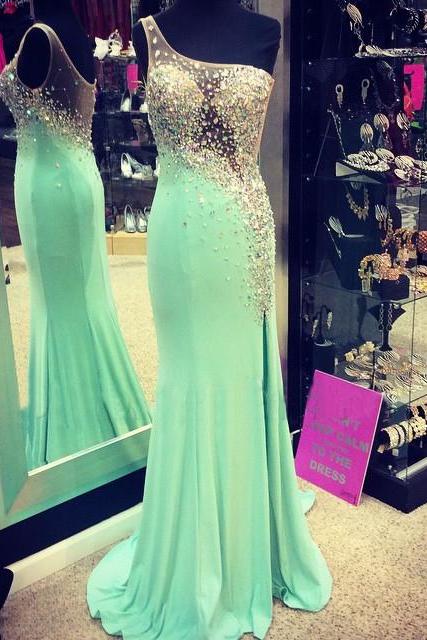 Sexy Mint Evening Dress, Sheer Back Evening Dresses, Long Evening Dress, Mermaid Evening Dress, Formal Party Dress, Sparkly Evening Gowns, One