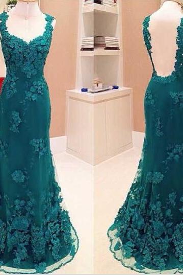 Lace Mermaid Green Evening Dress, Hunter Green Evening Dress, Long Evening Dress, Evening Gowns 2016, Formal Dresses, Backless Evening Dress