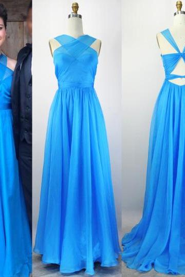 Charming Blue Evening Dress Chiffon PARTY Dress A-Line Prom Dress Halter Prom Dress Brief Prom Dress