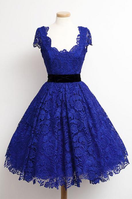 Charming Royal Blue Prom Dress Lace Evening Dress Short Sleeves Homecoming Dress Short Noble Graduation Dress