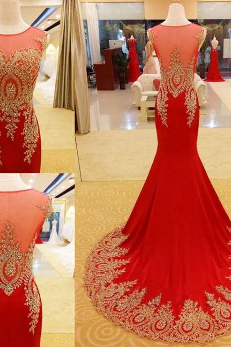 Red Prom Dress Mermaid Prom Dress Gold Appliques Prom Dress Luxury Prom Dress Handmade Prom Dress Long Prom Dress