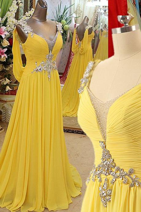 Long Prom Dress,chiffon Prom Dress,2017 Prom Dress,sequin Prom Dress,beaded Prom Dress,yellow Prom Dress,fashion Prom Dress,sexy Prom Dress