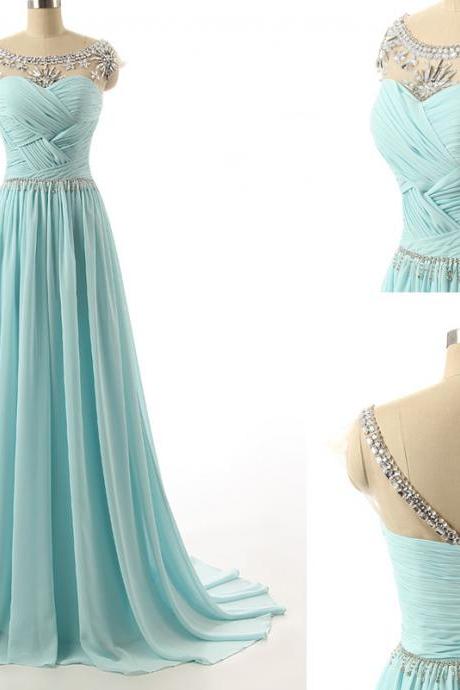 Blue Floor Length Chiffon Evening Gown Featuring Beaded Cap Sleeve Ruched Sweetheart Bodice