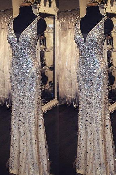 Long Prom Dress, Nude Prom Dress, Party Prom Dress, Sparkle Prom Dress, Glittery Prom Dress, Full Rhinestone Beaded Prom Dress, Evening Dress Gown,