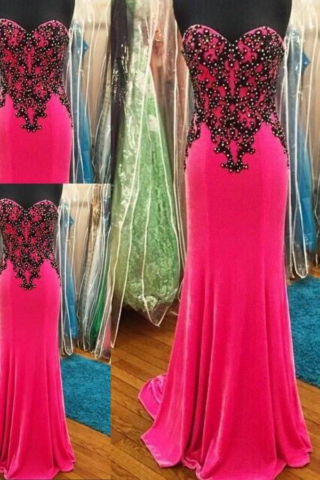 Pink Sweetheart Chiffon Prom Dresses With Black Applique Beaded Sheath Backless Evening Dresses Party Dresses Pageant Dress Gowns