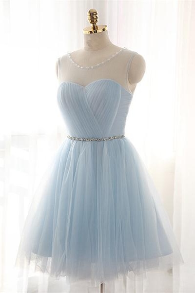 Simple Baby Blue Short Tulle Homecoming Dresses,Cheap Homecoming Dress,Elegant Cocktail Dresses,Charming Graduation Dresses
