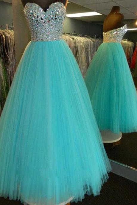Sweetheart Beaded Ball Gown Prom Dresses,Mint Quinceanera Dresses,Open Back Evening Dresses,Long Prom Dress On Sale